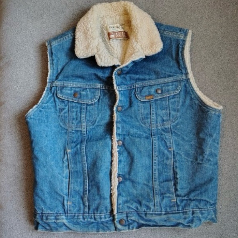 Vtg Roebucks Sears Western Wear Blue Denim Vest Men M/L Sherpa Lining Trucker